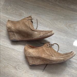 Tan Wedge Suede Booties with Pointed Toe